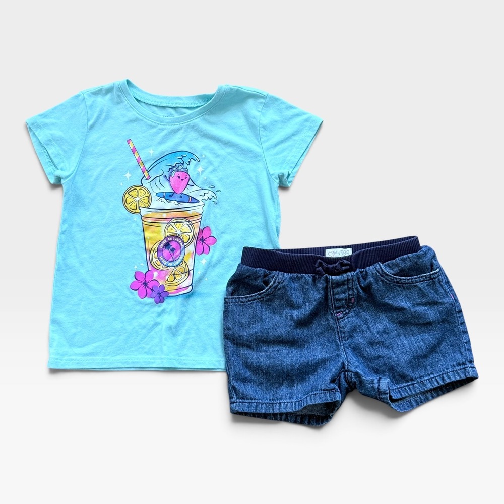 The Childrens Place Girls 4T Aqua Tropical Graphic Tee and Denim Shorts Set